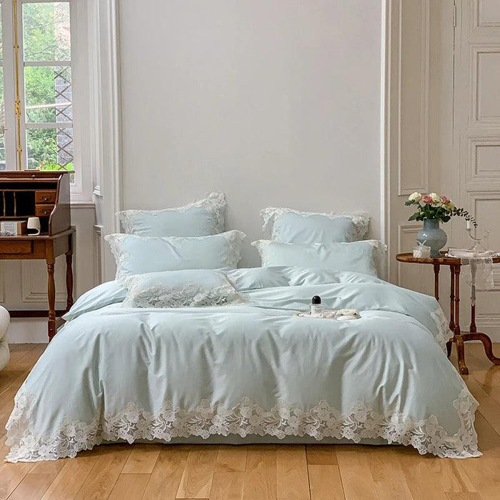 Chic Light Pink Lace Embroidered Royal Quilt Set - Luxurious Egyptian Cotton Duvet Cover with Matching Bed Sheet & Pillowcases in Korean Design