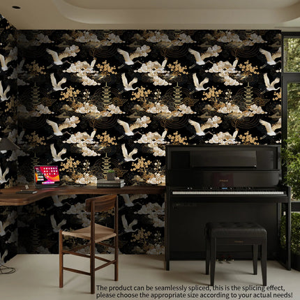 Japanese Crane Peel and Stick Wallpaper – Vintage Heron Bird, Waterproof, Removable
