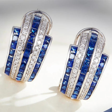 Blue & White Cubic Zirconia Hoop Earrings — Brass Setting, 5.1g