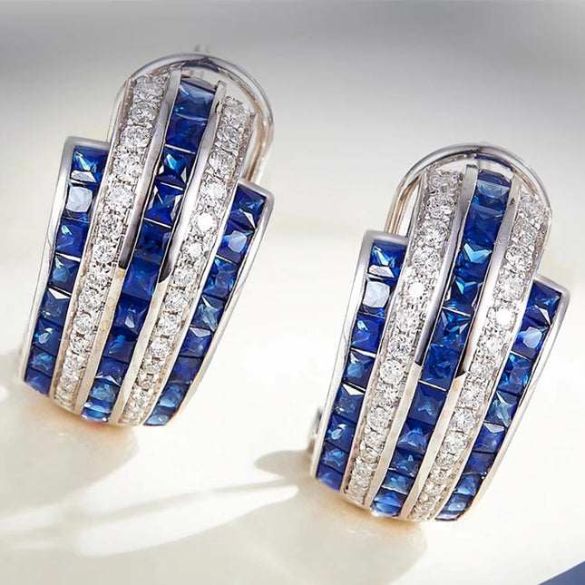 Blue & White Cubic Zirconia Hoop Earrings — Brass Setting, 5.1g