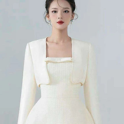 Chic 2-Piece Elegant Dress Set with Bowknot High Waist and Short Coat for Summer 2024