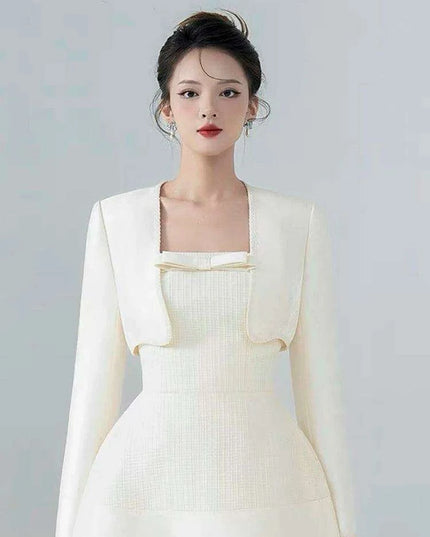 Chic 2-Piece Elegant Dress Set with Bowknot High Waist and Short Coat for Summer 2024