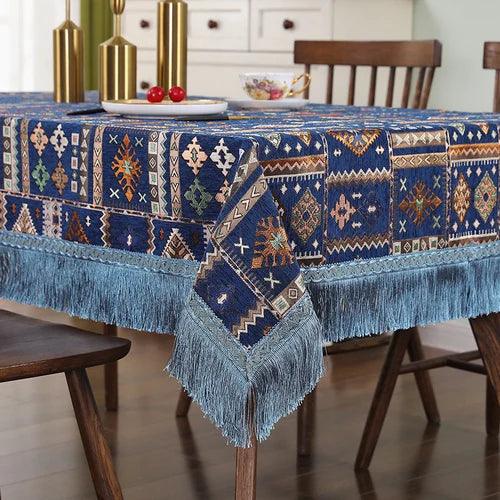 Boho Chic Embroidered Tablecloth with Tassel Detail for Elegant Dining Décor