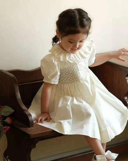 Elegant Handcrafted Cotton Dress for Girls with Lotus Leaf Collar and Adorable Puff Sleeves for Special Celebrations