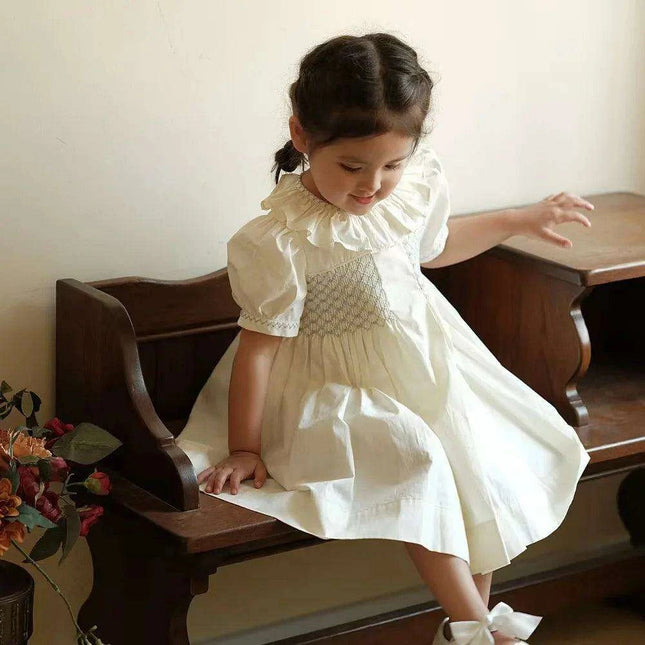 Elegant Handcrafted Cotton Dress for Girls with Lotus Leaf Collar and Adorable Puff Sleeves for Special Celebrations
