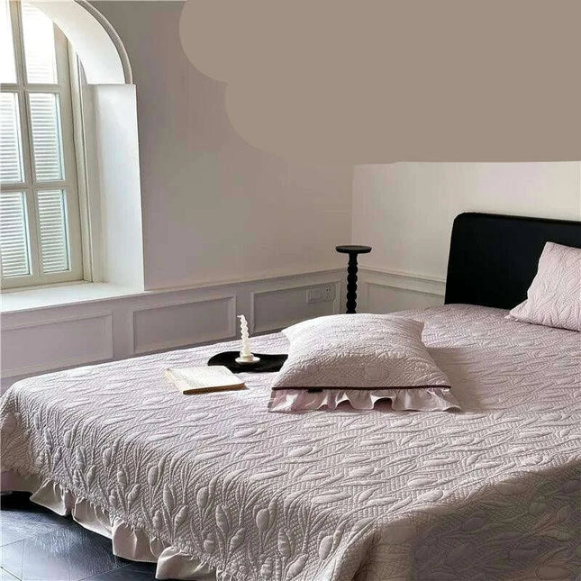 Queen Size 3-Piece Quilted Bedspread Set with Tree Leaves Motif and Pleated Trim - Soft Cotton Comfort