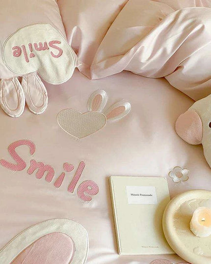 Charming Pink Bunny Applique Girls Luxury Duvet Cover Set - Premium 100S Egyptian Cotton Bedding for Single & Queen Beds