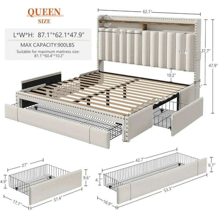 Queen Size Upholstered Bed Frame with Silent Support and Ample Storage Solutions