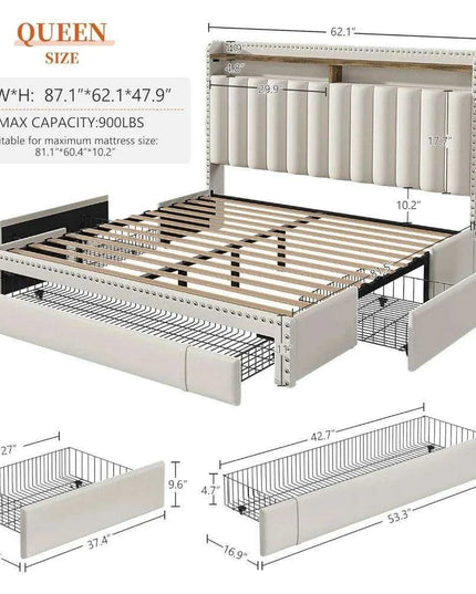 Queen Size Upholstered Bed Frame with Silent Support and Ample Storage Solutions