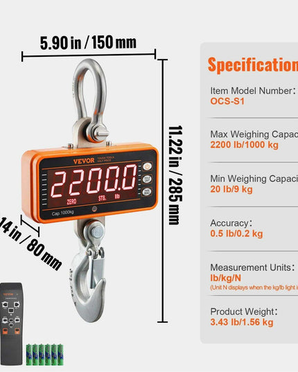 Professional Heavy-Duty Digital Crane Scale with Remote Control and High-Visibility LED Display - Weighing Capacity up to 11,000 lb