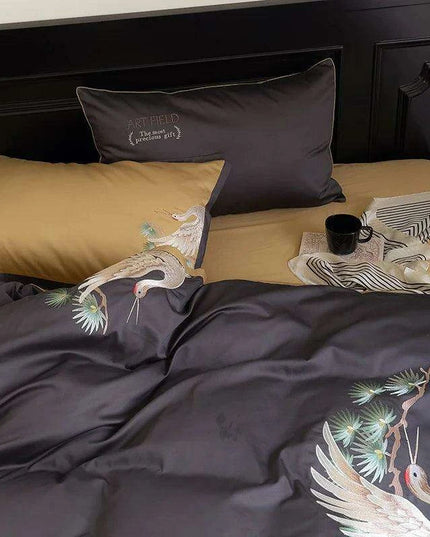 Exquisite Pine Crane Embroidered Luxury Egyptian Cotton Bedding Set with Duvet Cover and Sheets