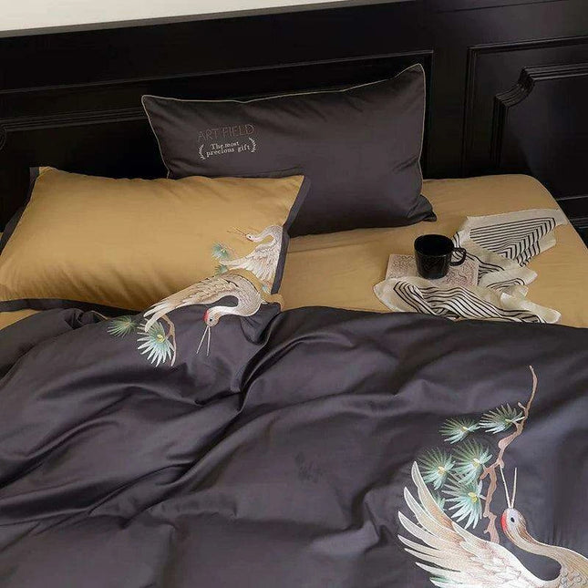 Exquisite Pine Crane Embroidered Luxury Egyptian Cotton Bedding Set with Duvet Cover and Sheets