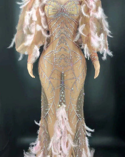 Glamorous Pink Diamond Feathered Mermaid Evening Dress