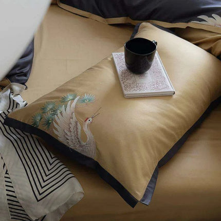 Exquisite Pine Crane Embroidered Luxury Egyptian Cotton Bedding Set with Duvet Cover and Sheets