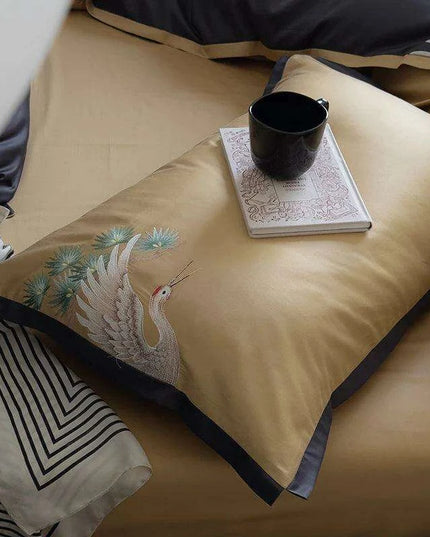 Exquisite Pine Crane Embroidered Luxury Egyptian Cotton Bedding Set with Duvet Cover and Sheets