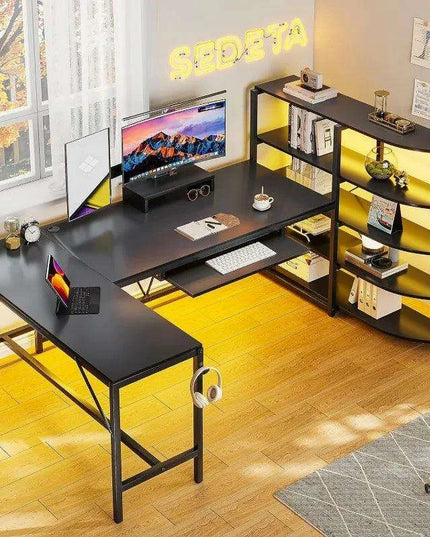 L-Shaped Gaming Desk with RGB Lighting and Versatile Storage Solutions