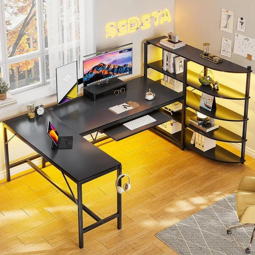 L-Shaped Computer Desk with Storage Shelves, Keyboard Tray, Monitor Stand, and Headphone Hook - Corner Gaming Desk