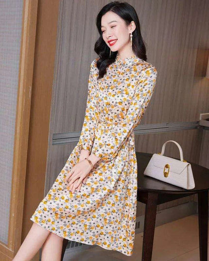 Elegant Floral A-line Silk Dress with Stand Neck for Women