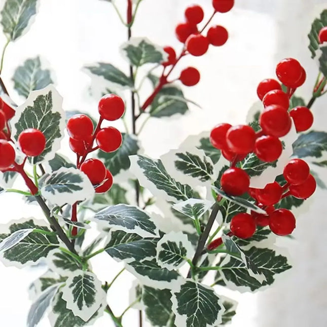 Artificial Red Berry Picks with Pale-Edged Green Leaves, 45 cm, Set of 5