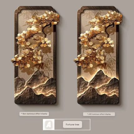 Chinese Landscape Corridor Painting with Integrated Wall Lamp