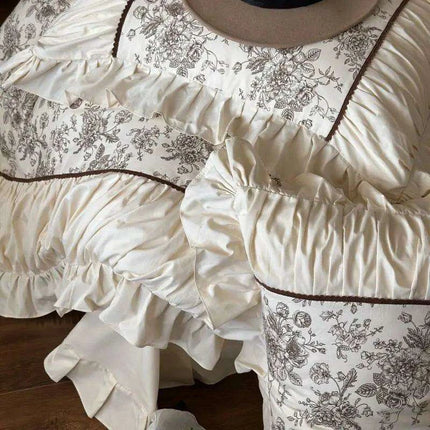 Elegant Beige Floral Ruffled Cotton Bedding Set – 4-Piece Duvet Cover, Sheet, and Pillowcases