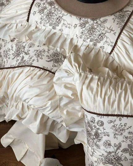 Elegant Beige Floral Ruffled Cotton Bedding Set – 4-Piece Duvet Cover, Sheet, and Pillowcases