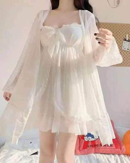 Sophisticated White Women's Lace Bow Sleepwear Collection - Chic Mesh Gown and Robe Set