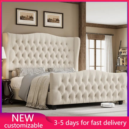 King Size 54.3" Tall Platform Bed Frame with Wingback Headboard, Velvet Upholstered, No Box Spring Needed, Beige king-size-54-3-tall-platform-bed-frame-with-wingback-headboard-velvet-upholstered-no-box-spring-needed-beige