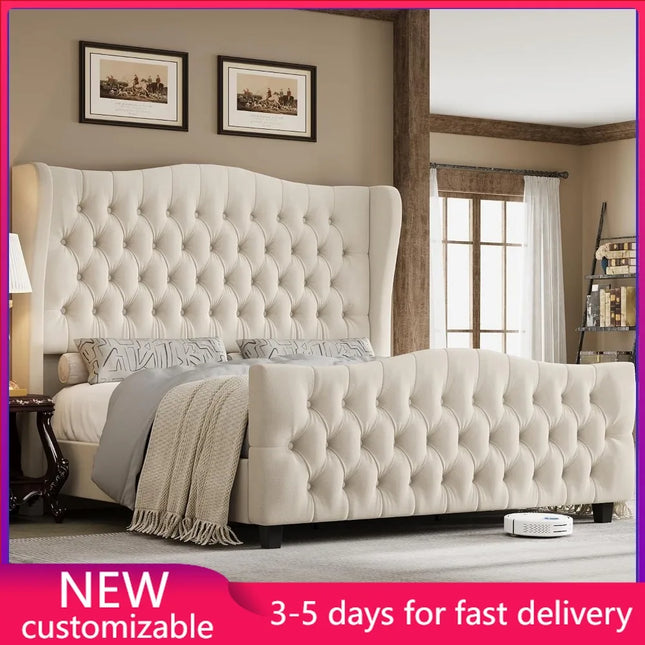 Shop1105673279 King Size Velvet Platform Bed Frame, Wingback, Beige