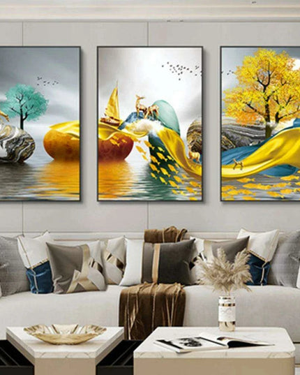 Nordic Elegance: Golden Deer Abstract Landscape 3-Piece Canvas Art Set with Customizable Borders for Luxury Home Decor