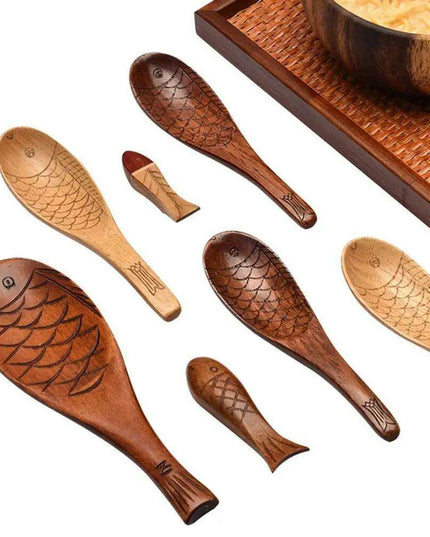 Charming Handcrafted Fish-Shaped Japanese Wooden Rice Spoon - Short-Handled Kitchen Essential