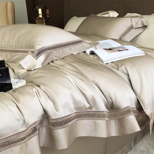 Sumptuous 1000TC Egyptian Cotton Bedding Ensemble with Elegant Hollow Lace - Duvet Cover, Flat & Fitted Sheets, Pillowcases for Queen & King Beds