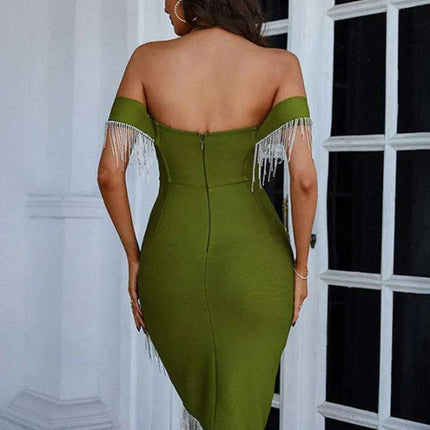 Chic Army Green Off Shoulder Mini Dress with Striking Red Accents - Summer 2023 Glam Collection