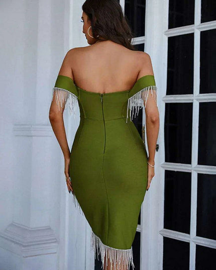 Chic Army Green Off Shoulder Mini Dress with Striking Red Accents - Summer 2023 Glam Collection