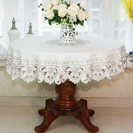 Embroidered Lace Round Tablecloth — Pastoral Rose Gold Table Linen
