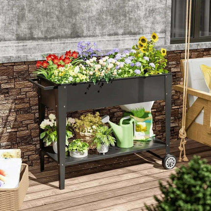 Elevated Galvanized Steel Mobile Garden Planter with Storage and Wheels