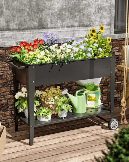 Elevated Galvanized Steel Mobile Garden Planter with Storage and Wheels