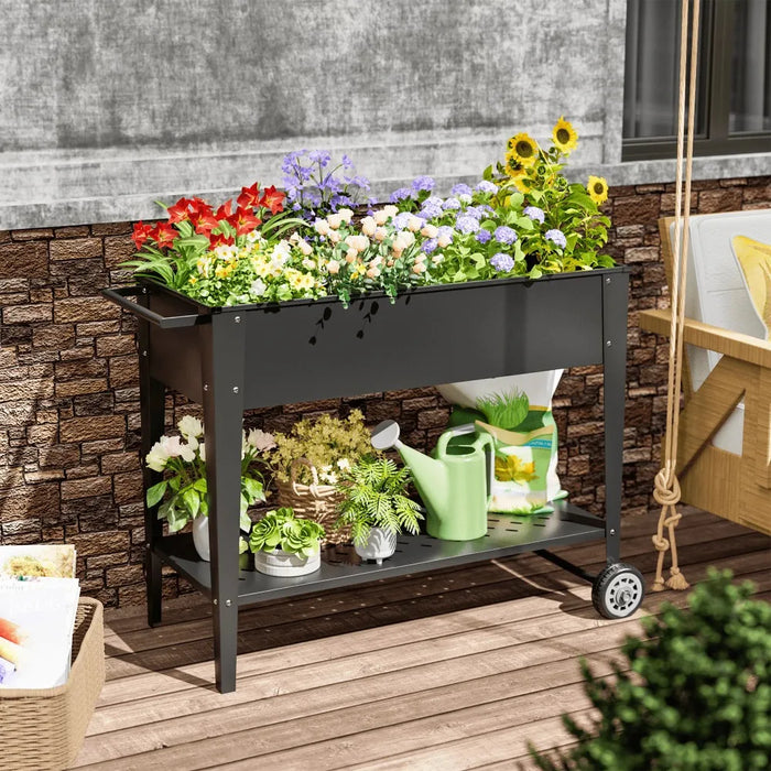 Elevated Garden Planter with Wheels and Storage: Galvanized Steel Raised Planter Box on Mobile Legs