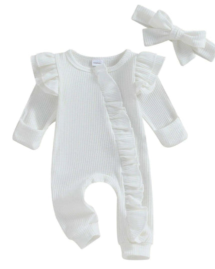 Autumn Ruffled Baby Girl Jumpsuit with Matching Bow Headband - Cozy Solid Color Romper for Newborns 0-12 Months