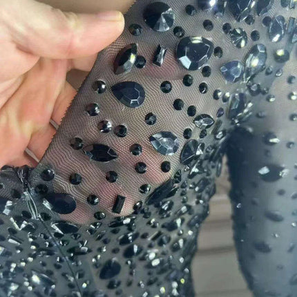 Glistening Black Rhinestone-Studded Sheer Long Sleeve Bodycon Mini Dress