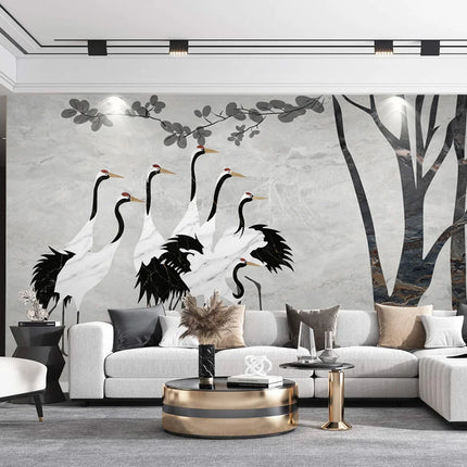 Plum Blossom & Crane Mural Wallpaper — Custom Size, 5 Finishes, Asian Art Style