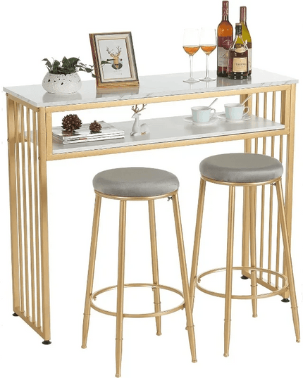 Sleek Gold Bar Table with Open Shelving - Stylish Versatile Furniture for Contemporary Spaces