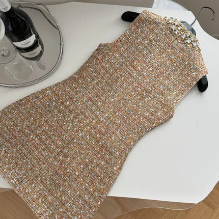 Women’s Diamond-Embellished Tweed A-Line Dress — High Waist, Round Neck, Korean Style