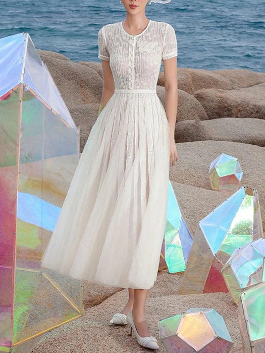 Stylish Hollow Embroidered Pleated Evening Gown for Women