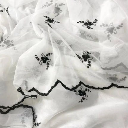 Sheer Peach Embroidery Curtain with Wavy Black Edge