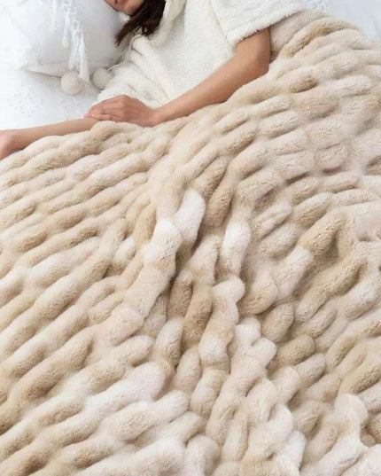 Cozy Beige Ruched Faux Fur Throw - Luxurious Reversible Mink Fleece