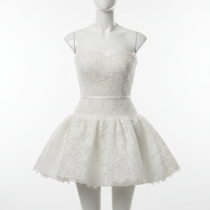 Wishah Strapless 3D Lace Mini Bridal Gown — Bow Sash, Custom Fit, Short Wedding Dress