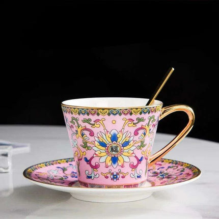 Imperial Elegance Enamel Porcelain Tea and Coffee Cup Set with Ornate Borders