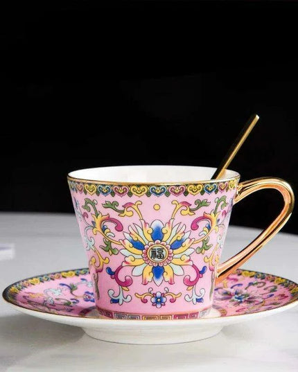 Imperial Elegance Enamel Porcelain Tea and Coffee Cup Set with Ornate Borders