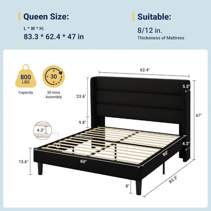Queen Upholstered Platform Bed Frame with Wingback Headboard, No Box Spring Needed, Under Bed Storage, Easy Assembly, Black queen-upholstered-platform-bed-frame-with-wingback-headboard-no-box-spring-needed-under-bed-storage-easy-assembly-black